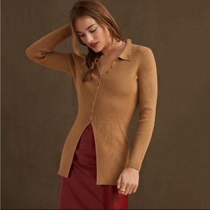 Anthropologie Maeve Ribbed Slim Button Down Collared Cardigan Tan XS Petite